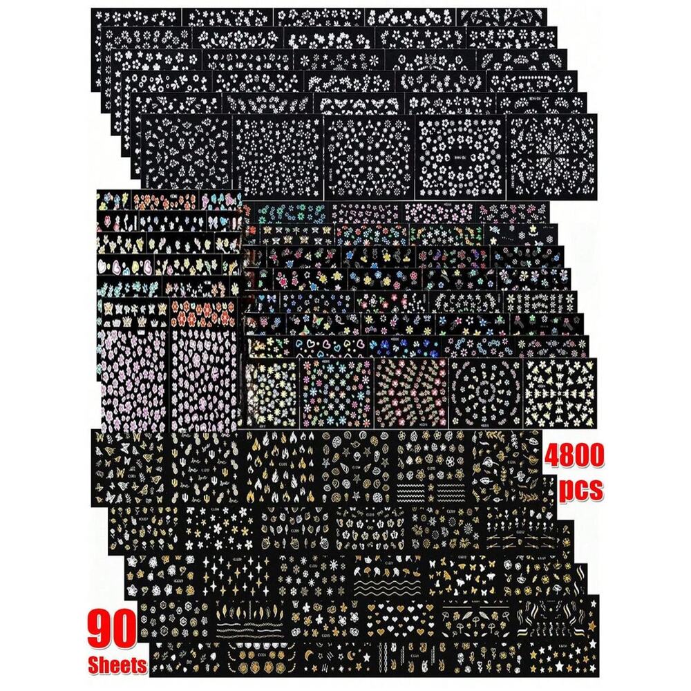 90 Sheets 4800 Pieces Dainty Floral, Gold Foil Random Nail Art Stickers